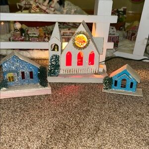 Vintage Putz Light up Church and two Putz Houses